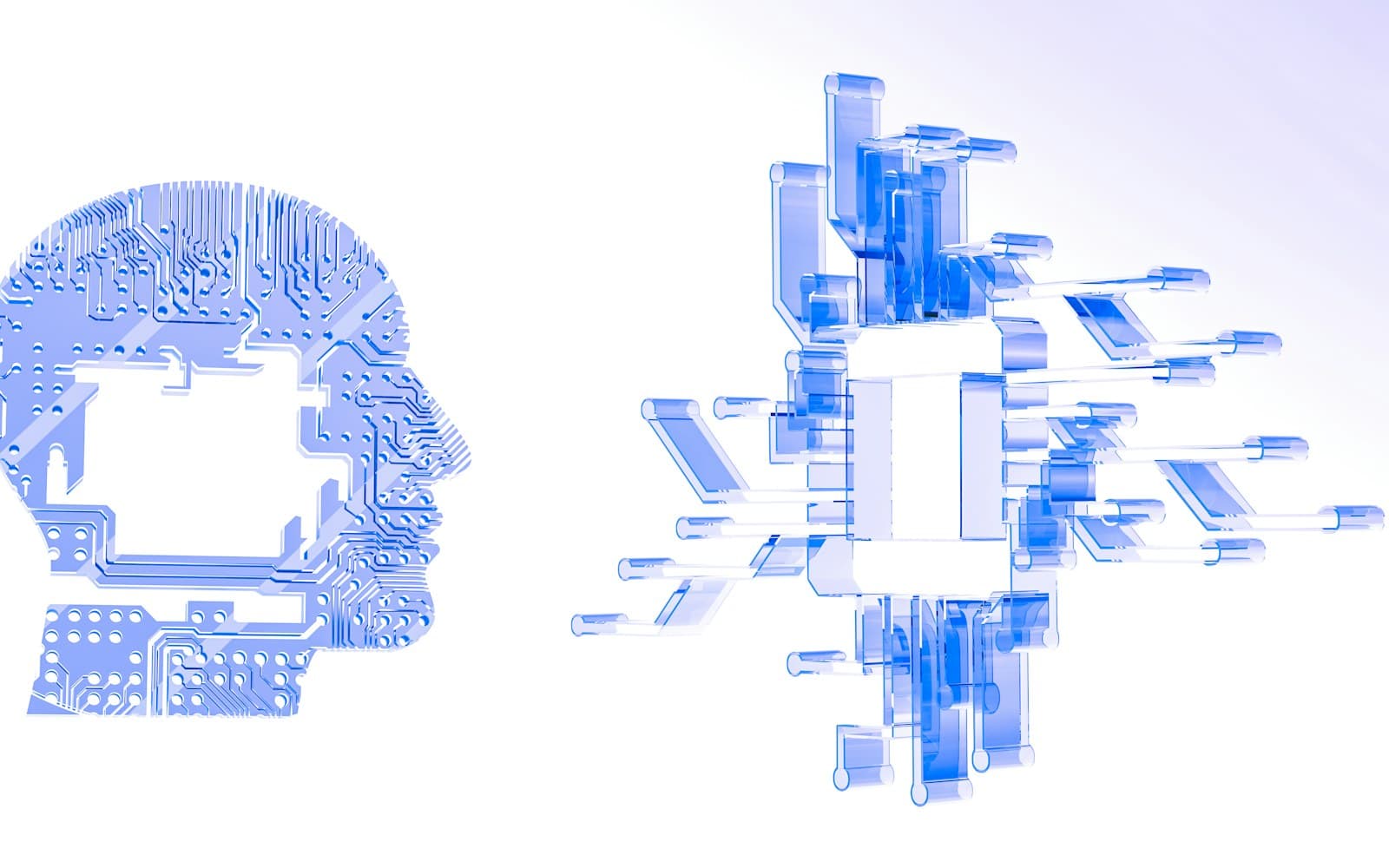 A human head outlined in blue circuit-board traces, breaking apart