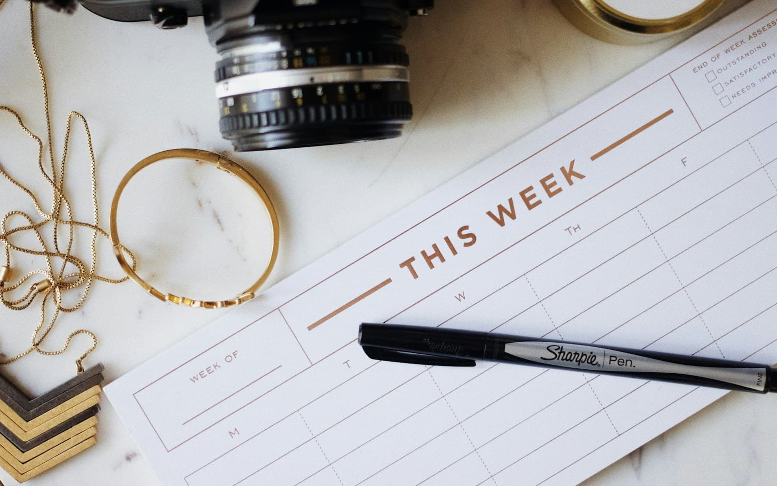 A weekly planner page headed THIS WEEK with a marker pen
