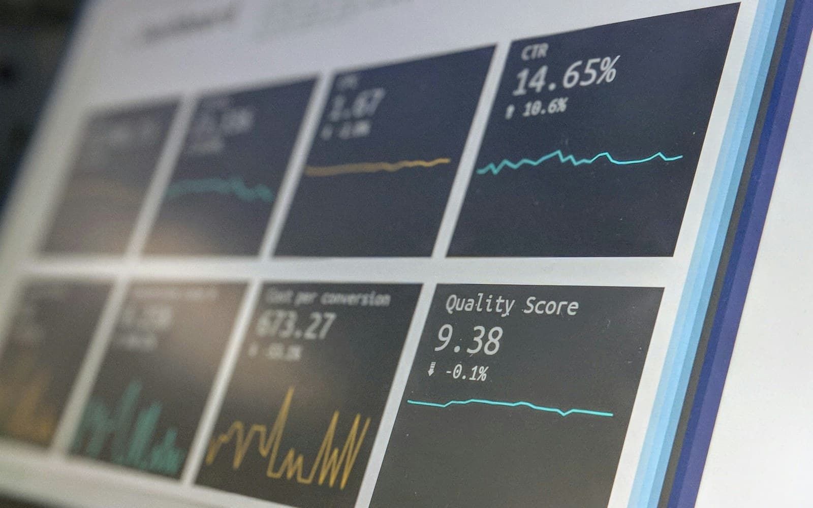 A monitoring dashboard showing metric tiles and a quality score